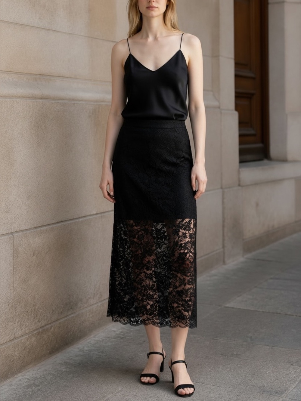 ZARA Black Lace Pencil Midi Skirt NWT